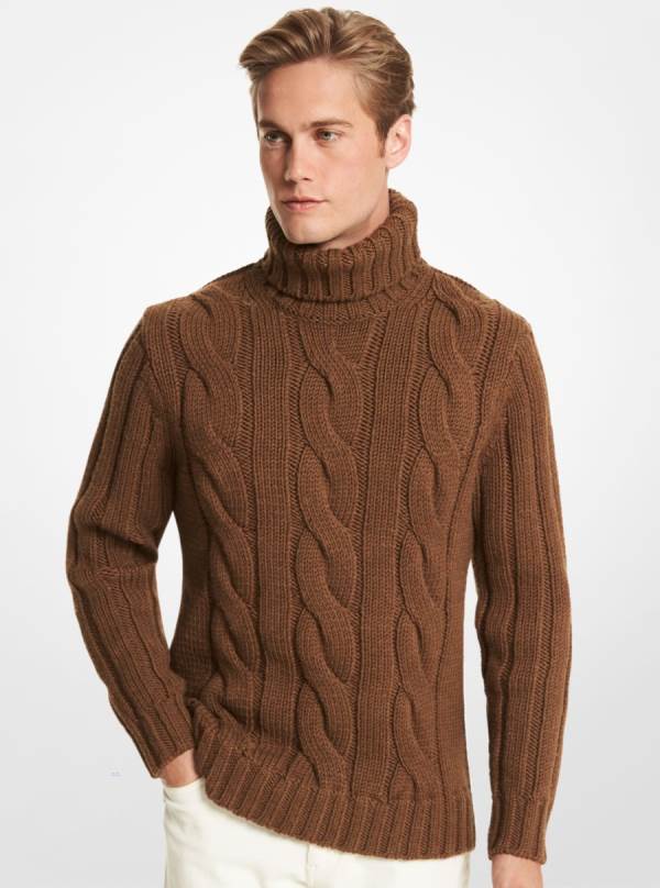 Panske Svetre Michael Kors Cable Merino Wool Turtleneck Hnede - Oblecenie Michael Kors Obchod | PWGVH-3702